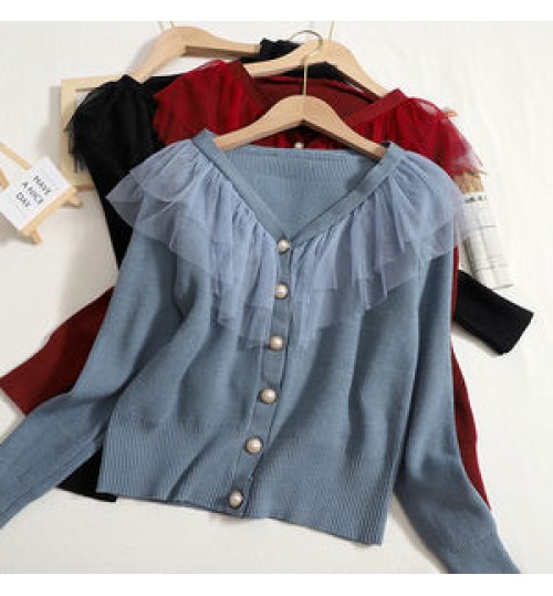 Wholesale Ruffled Mesh Stitching Knitted Sweater 2022 Autumn New Sweet V-neck Long-sleeved Slim Cardigan Women's Coat