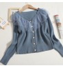 Wholesale Ruffled Mesh Stitching Knitted Sweater 2022 Autumn New Sweet V-neck Long-sleeved Slim Cardigan Women's Coat