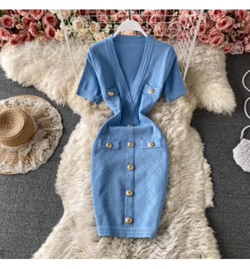 wholesale 2022 Sexy V neck Short sleeved Knit Bodycon Dress Women Casual Summer Slim Dress Vestido