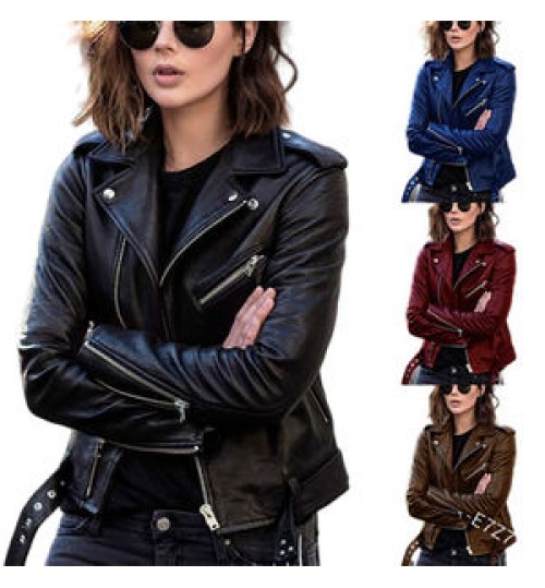 Fashion Woman Short Jacket Slim Streetwear Casual Oversized Solid Zipper Female Outwear Coat Women Motorcycle Leather Jacket