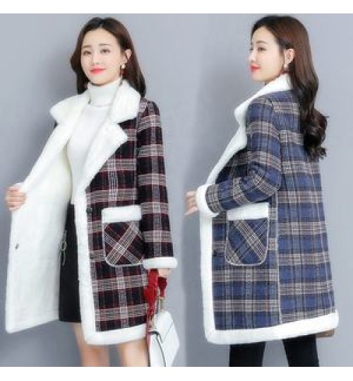 2021 autumn and winter Plush thickened women's Plaid long jacket coat cotton coat inner warm lamb cashmere cardigan