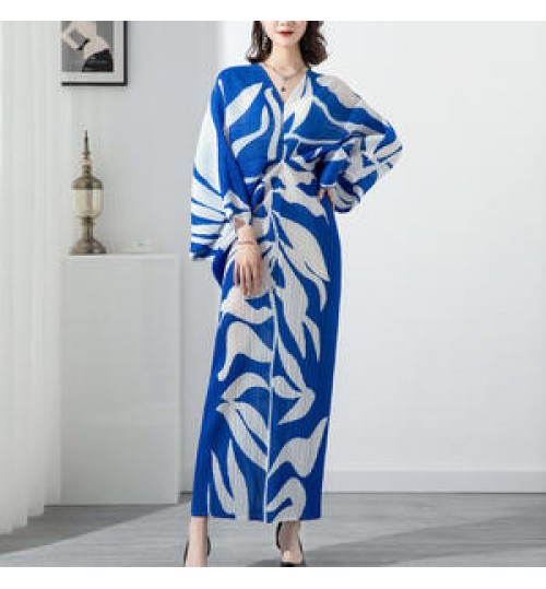 2022 long skirt dolman sleeve pleated print dress women elegant summer casual dresses