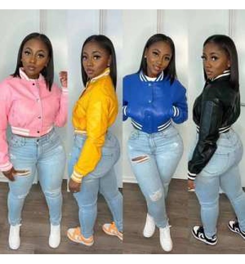 Women fall winter fleece coat blank long sleeve button down bomber letterman Baseball crop varsity PU leather women's jackets