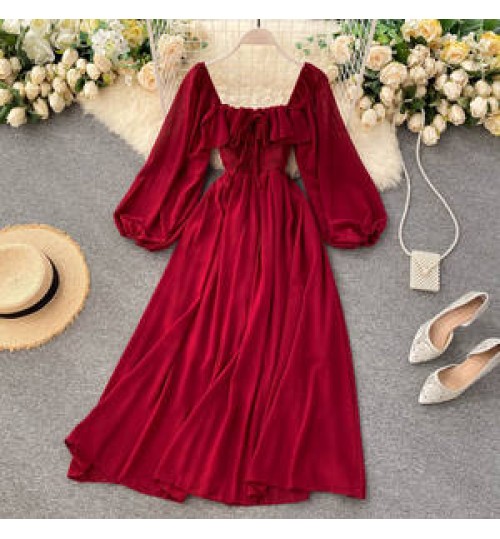 Vestido Autumn Chic Long Sleeve Casual Dresses Women Lady Elegant French Retro Square Neck Puff Sleeve Chiffon Long Dress