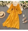 Vestido Autumn Chic Long Sleeve Casual Dresses Women Lady Elegant French Retro Square Neck Puff Sleeve Chiffon Long Dress