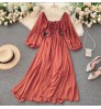 Vestido Autumn Chic Long Sleeve Casual Dresses Women Lady Elegant French Retro Square Neck Puff Sleeve Chiffon Long Dress