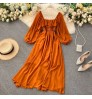 Vestido Autumn Chic Long Sleeve Casual Dresses Women Lady Elegant French Retro Square Neck Puff Sleeve Chiffon Long Dress