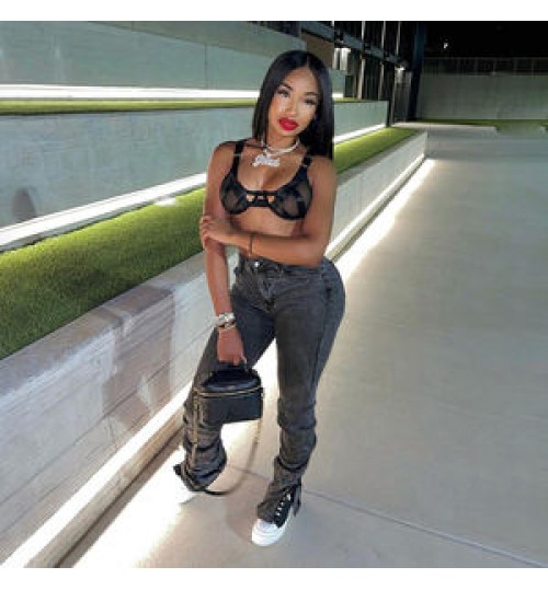 Kliou W21P04882 Newest Design Slim Cotton Jeans Women's Pants With Stacked Women's Trousers