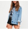 Dongguan factory fall clothing custom long denim distressed women jean jacket cotton blue winter plain denim jacket for women