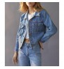 Dongguan factory fall clothing custom long denim distressed women jean jacket cotton blue winter plain denim jacket for women