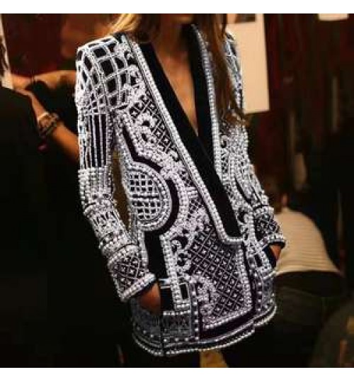 4XL Wholesale 2021 New Fashion Women Suit Deep V neck plus size long blazer jacket with beaded print women's coat