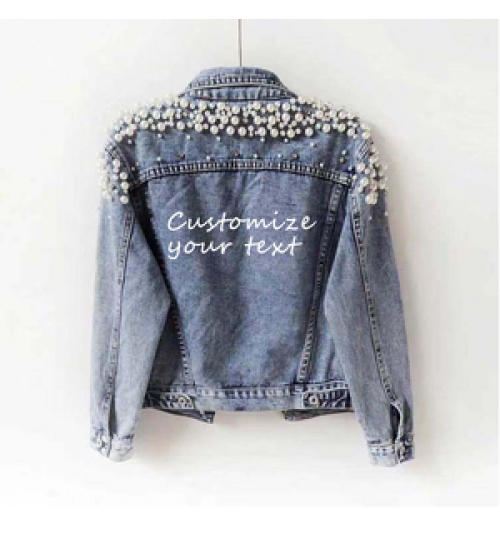 Print Embroidery LOGO Studded Rivet Pearl Women Denim Jacket Long Sleeve Fashion Jacket Big Pearl Denim Jacket