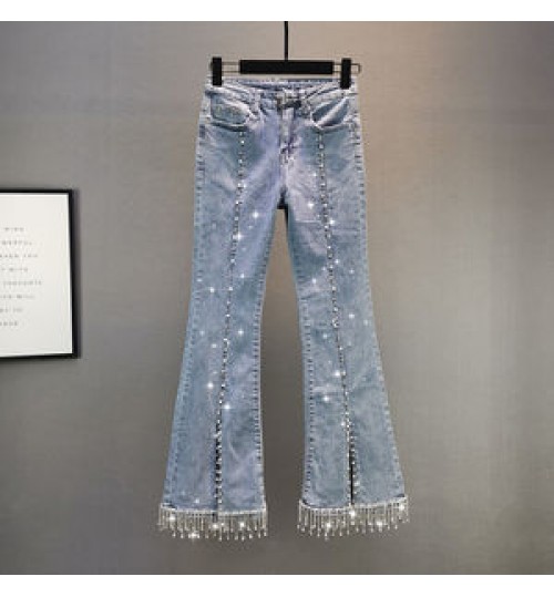 2021 Women's Spring Rhinestone Tassel Jeans Female New Elastic High Waist Slim Split Flare Denim Pants