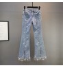 2021 Women's Spring Rhinestone Tassel Jeans Female New Elastic High Waist Slim Split Flare Denim Pants