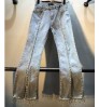2021 Women's Spring Rhinestone Tassel Jeans Female New Elastic High Waist Slim Split Flare Denim Pants
