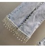 2021 Women's Spring Rhinestone Tassel Jeans Female New Elastic High Waist Slim Split Flare Denim Pants