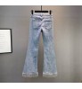 2021 Women's Spring Rhinestone Tassel Jeans Female New Elastic High Waist Slim Split Flare Denim Pants