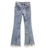 2021 Women's Spring Rhinestone Tassel Jeans Female New Elastic High Waist Slim Split Flare Denim Pants