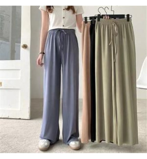 New Silk Wide-leg Pants Women Summer Ladies High Waist Loose Large Size Nine-point Pants Straight Casual Pants