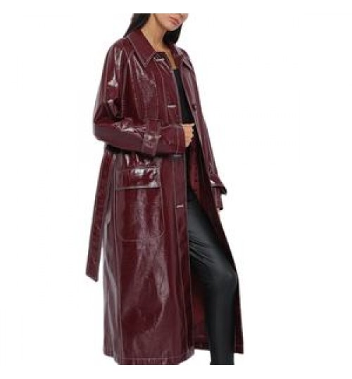 Wine red Trench Women's Slim Motorcycle Pu Leather Coat long slim with belt women's leather trench coats