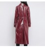 Wine red Trench Women's Slim Motorcycle Pu Leather Coat long slim with belt women's leather trench coats