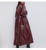 Wine red Trench Women's Slim Motorcycle Pu Leather Coat long slim with belt women's leather trench coats