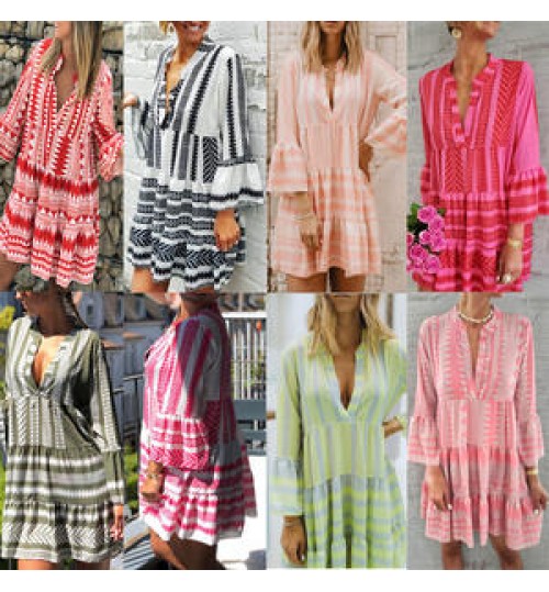 2022 Hot Sale Summer Casual Dress Women Floral Boho Dress Wholesale Factory Cheap Loose Chiffon Beach V Neck Sexy Maxi Dress