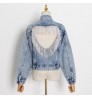custom ladies blue jeans jacket fashion casual women's Lapel heavy industry diamond sexy hollow out denim jackets women