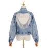 custom ladies blue jeans jacket fashion casual women's Lapel heavy industry diamond sexy hollow out denim jackets women