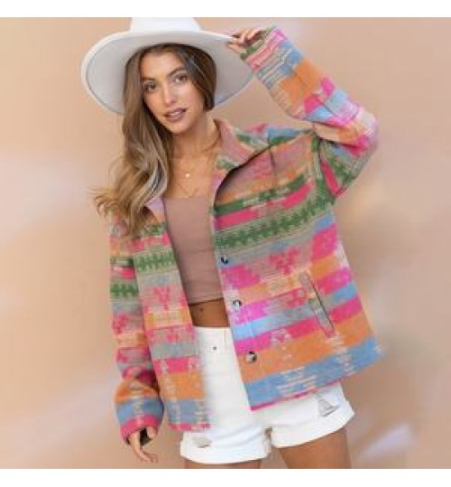 Western Vintage Women's Aztec Print Jacket Lapel Loose Long Sleeve Wool Coat Button Down Thick Jacket Shacket Women's Clothing