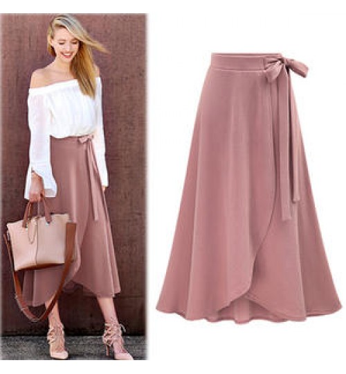 JBeiL M-6xl Womens Slit Long Skirts Plus Size Ladies Jupe High Waist Bowtie Summer Slim Casual Asymmetric Skirt Saia Casual