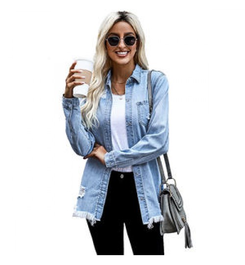 2022 Women Jacket Stylish Fashion Ripped Shirt Long Sleeve Turtleneck Denim Jacket