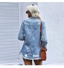 2022 Women Jacket Stylish Fashion Ripped Shirt Long Sleeve Turtleneck Denim Jacket