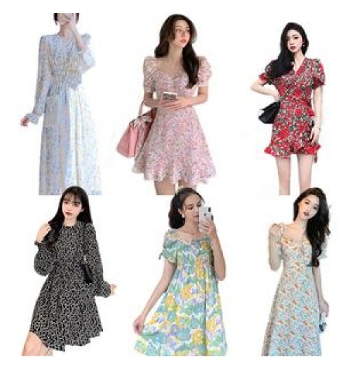 Wholesale Cheap Ladies Fashion Vintage Sweet Party Beach Elegant Side Women Korean Floral Summer Casual Dress