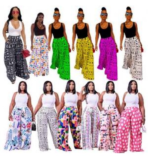 Summer Pretty Letter Print Palazzo Pants High Street High Waist Pocket Loose Long Wide Leg Pants Women's Pants & Trousers