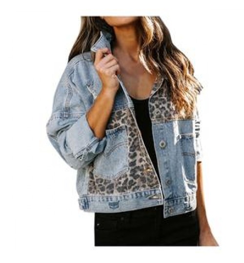 Women's Clothing Wholesale Spring Fall Plus Size Jeans Coat Leopard Patchwork Pocket Ripped Denim Jacket