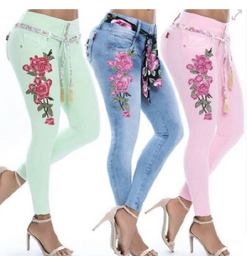 YiXin S-5XL Plus Size Women's Jeans Stretch Flower Embroidery High Waisted Jeans Womens Women Skinny Jeans