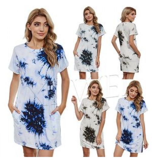 Customized high quality women's pocket tie dyed printed short sleeves multicolor t-shirt summer dresses for women ladies