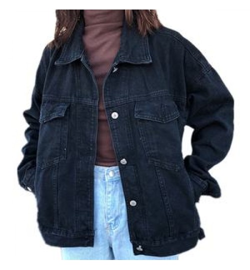 Spring Japanese design women's black denim jacket loose fashion lady's long-sleeve solid color style denim jacket