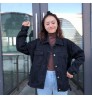 Spring Japanese design women's black denim jacket loose fashion lady's long-sleeve solid color style denim jacket