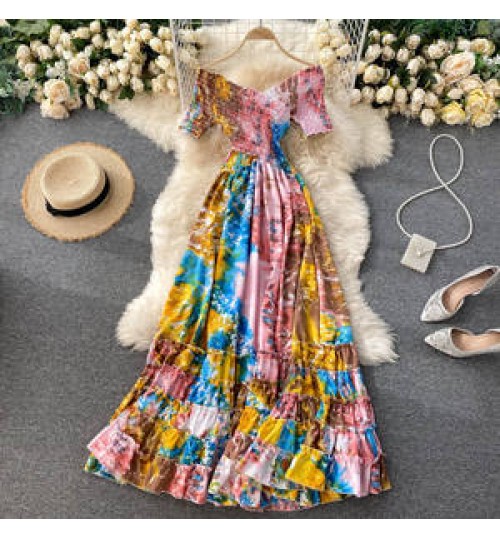 Women's Floral Party Beach Wear Flower Printed Casual Dresses Women Smocking off-Shoulder Maxi Shirring Dress For Ladies