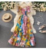 Women's Floral Party Beach Wear Flower Printed Casual Dresses Women Smocking off-Shoulder Maxi Shirring Dress For Ladies