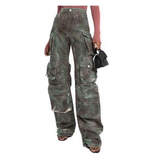 Custom women camouflage cargo pants multiple pockets fashion Army Green high waist wide leg pants