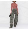 Custom women camouflage cargo pants multiple pockets fashion Army Green high waist wide leg pants