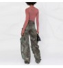 Custom women camouflage cargo pants multiple pockets fashion Army Green high waist wide leg pants