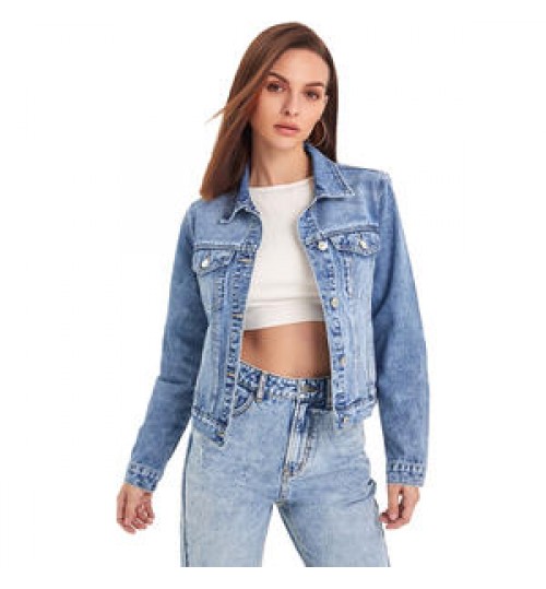 Custom women's jackets denim flap detail button through washed denim jacket