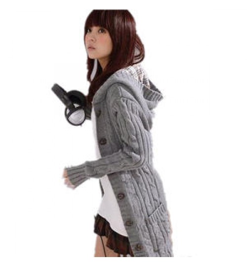 Casual Winter Knitted Hooded Belted Long Coat Cardigan Women's Sweaters