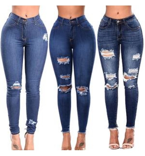 Summer Wholesale Custom Blue Skinny Femme High Waist Ripped Style Denim Ladies Mom Jeans Women jeans