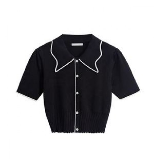 Custom Women's Clothing Fashion Summer black Ladies Tops Buttons detail Knitted Pullover Sweaters