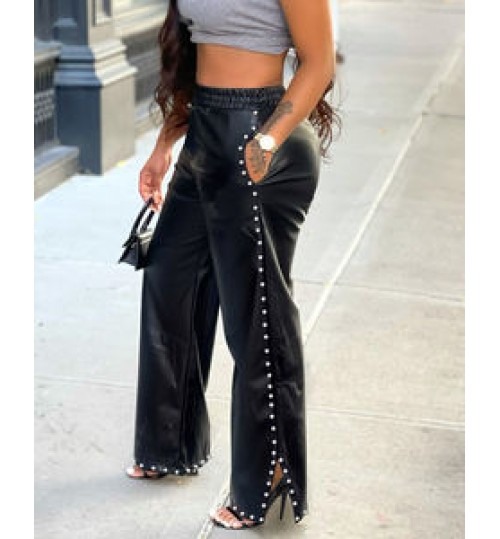 Europe and the United States women's solid color loose wide leg pocket PU leather pants